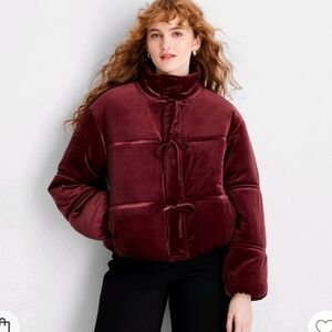 NWT Future collective holiday velvet bow tie puffer jacket